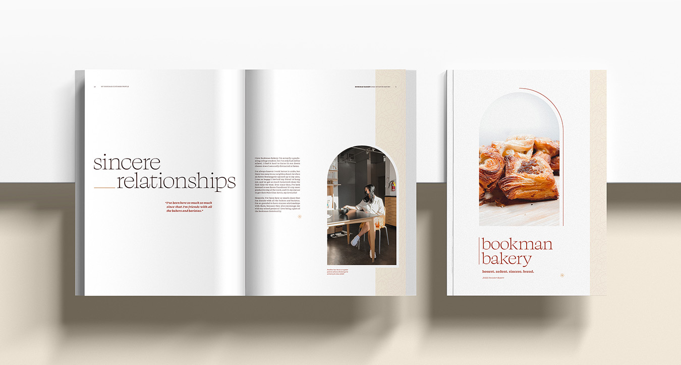 mockup of bookman bakery with inside spread and cover