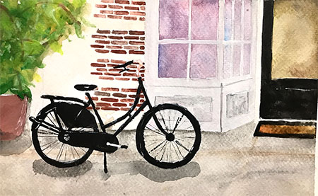 bike in front of a store painting in watercolor