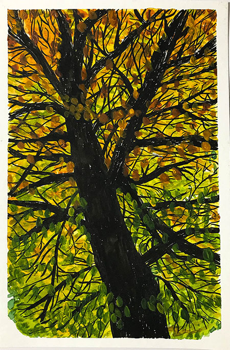tree with black trunk painting in watercolor
