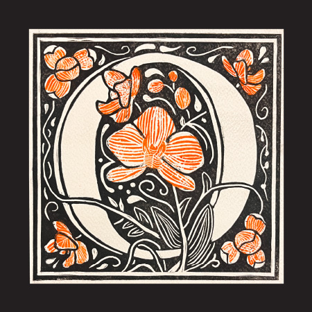traditional o drop cap with orchids in linocut